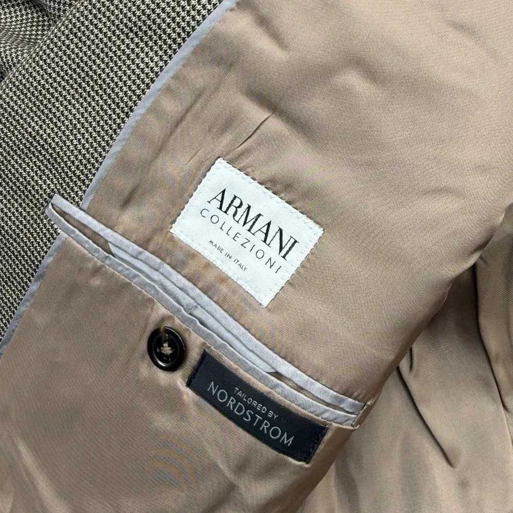 Armani Collezioni Blazer Mens 46R Brown Silk Wool Cashmere Micro Check Italy